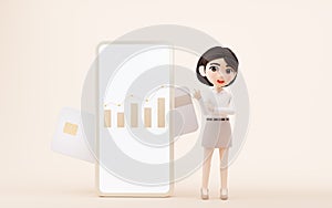Cartoon girl with bank card, 3d rendering