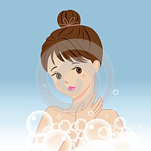 A cartoon girl is in a bathtub with bubbles, illustration