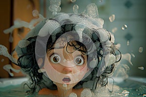 A cartoon girl is in a bathtub with her hair all over the place