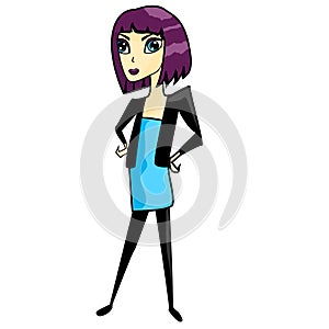 Cartoon girl, beautiful young woman in black jacket and skinny jeans. Comic character