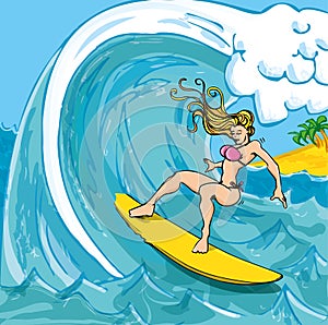 Cartoon girl in a bikini surfing