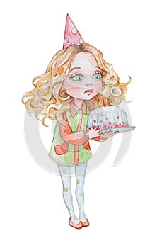 Cartoon girl blowing candle on cake