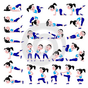 Cartoon girl in blue suit doing fitness exercises isolated on wh