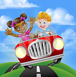 Cartoon Girl and Boy Driving Car