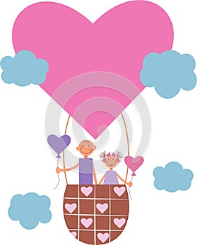 Cartoon Girl and Boy Flying Hot Air Balloon Sky Vector Design Valentine Love story of a couple in love. Happy lovers