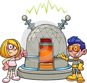 Cartoon girl and boy wearing retro futuristic clothes showing a time machine