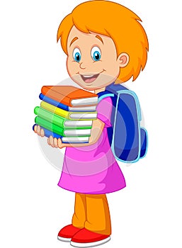 Cartoon girl bring pile of books