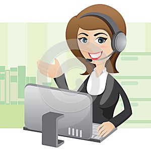 Cartoon girl callcenter with computer