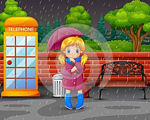 Cartoon a girl carrying umbrella under the rain in the city park