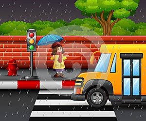 Cartoon girl carrying umbrella under the rain on the roadside
