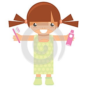 Cartoon girl character holding toothbrush and toothpaste to wash