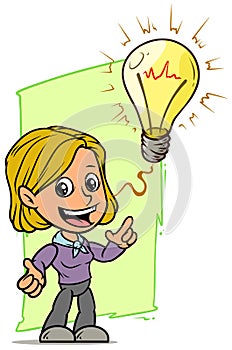 Cartoon girl character with idea lightning bulb