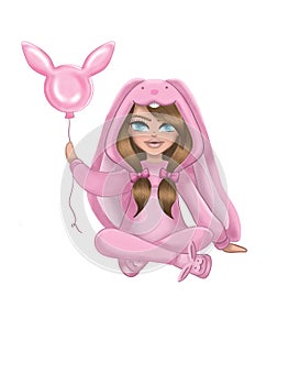 Cartoon girl character in pink bunny costume.Girl with pink bunny balloon.