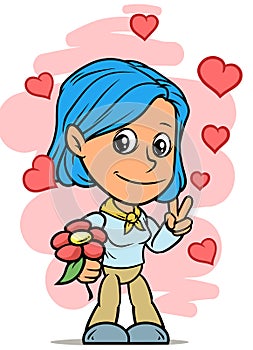 Cartoon girl character with red flower and hearts