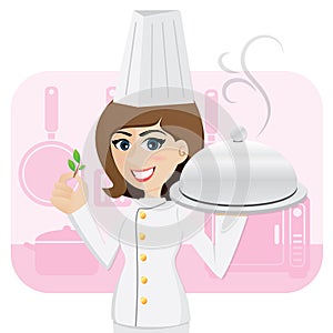 Cartoon girl chef serving food with herb