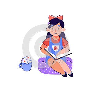 Cartoon girl child reading a book vector illustration