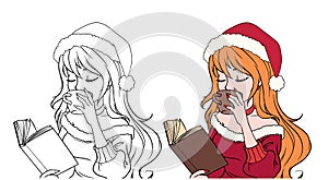 Cartoon girl in Christmas clothes reading book and drinking coffee. Hand drawn coloring page