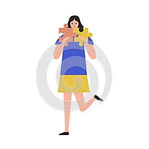 Cartoon girl combine puzzle finding right decision or idea vector flat illustration. Colorful woman holding two suitable