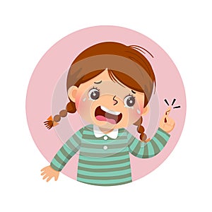 Cartoon girl crying because of bleeding blood from the cut finger wound. Health Problems concept