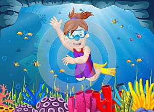 Cartoon girl diving in the sea