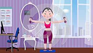 Cartoon girl doing fitness exercises in the home