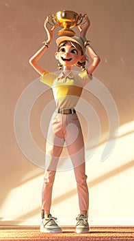 Cartoon Girl dressed with pants and polo shirt and cap holding high a golden cup with her hands in the light