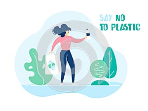 Cartoon girl with eco bag and plants in nature. Ecology banner with text Say no to plastic. Vector poster