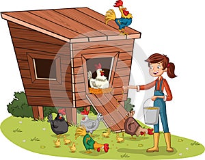 Cartoon girl feeding chickens and roosters. Henhouse with poultry.