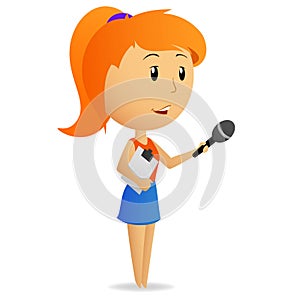 Cartoon girl female reporter holding microphone