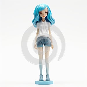 Cartoon Girl Figurine With Blue Hair And Subtle Color Gradations