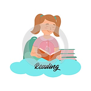 This is a cartoon girl first grader reading a book at a reading lesson. School illustration