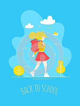 Cartoon girl in flat linear style with backpack walks in nature.  Back to school banner