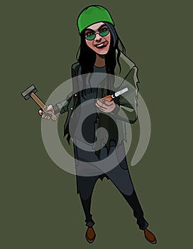 Cartoon girl fooling around with a hammer and chisel in her hands