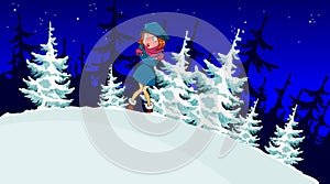 Cartoon girl froze in the winter forest