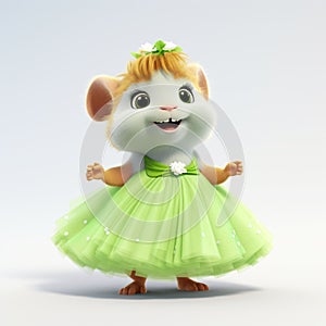 Cartoon Girl Hamster In Green Dress: Vray Tracing And Fanciful Costume Design