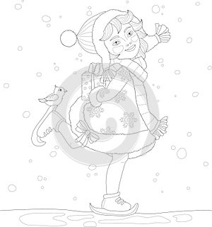 Cartoon girl in hat and scarf with present and bird in snow sketch template