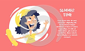 Cartoon girl in a helmet with a skateboard. Summer card in flat linear style