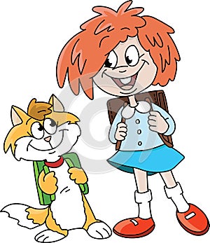 Cartoon girl and her cat friend with their backpacks going to school vector illustration