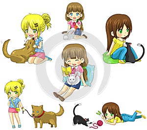 Cartoon girl with her pet icon collection set