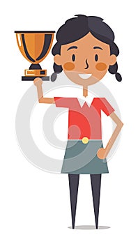 Cartoon girl holding trophy with pride, happy young female winner. Success and achievement concept vector illustration