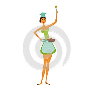 Cartoon Girl or housewife cooking isolated.