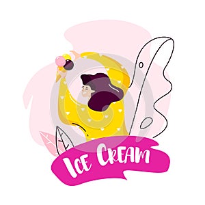 Cartoon girl with ice cream cone and contour leaves on white background. Vector summer banner