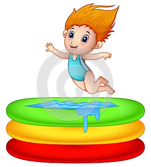 Cartoon girl jumping an inflatable pool