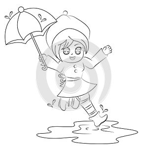 Cartoon girl Jumping in puddle coloring page