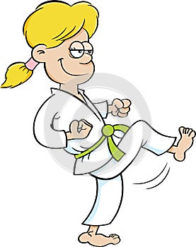 Cartoon girl in a karate uniform kicking.