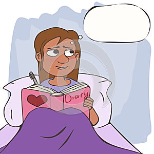 Cartoon girl keeps a diary with thinking bubble