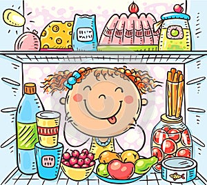 Cartoon girl looking inside fridge with food, vector clipart