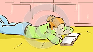 Cartoon Girl Is Lying On The Floor And Reading A Book