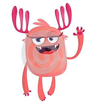 Cartoon girl monster. Halloween vector illustration of excited pink monster.