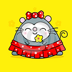 Cartoon girl mouse in red a skirt, with red a bow on her head and a yellow flower in her hand. doodle style. Vector